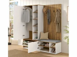 Sale Conjunto vestidor de entrada 160x38x180cm - con 3 puertas y compartimentos de almacenamiento - con espejo y mueble para zapatos - con gancho - Natural + Blanco Armario De Entrada