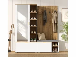 Sale Conjunto vestidor de entrada 160x38x180cm - con 3 puertas y compartimentos de almacenamiento - con espejo y mueble para zapatos - con gancho - Natural + Blanco Armario De Entrada