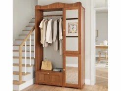 Best ModernLuxe Conjunto vestidor de entrada - 115,5x38,5x194,5 cm - con espejo y tendedero abierto - 1 cajón y 2 puertas - MDF - Color nogal Marru00f3n