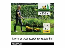 New Cortacésped eléctrico POWERPLUS 1000W, 32 cm, Cesto 30L, 3 alturas ajustables, Expulsión trasera, Compacto y ligero Amarillo