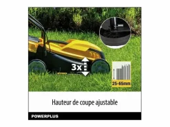 New Cortacésped eléctrico POWERPLUS 1000W, 32 cm, Cesto 30L, 3 alturas ajustables, Expulsión trasera, Compacto y ligero Amarillo