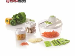 Hot Cortadora de verduras Herzberg HG-8032 con 6 cuchillas de acero inoxidable, bol de 600 ml y 2 recipientes herméticos sin BPA