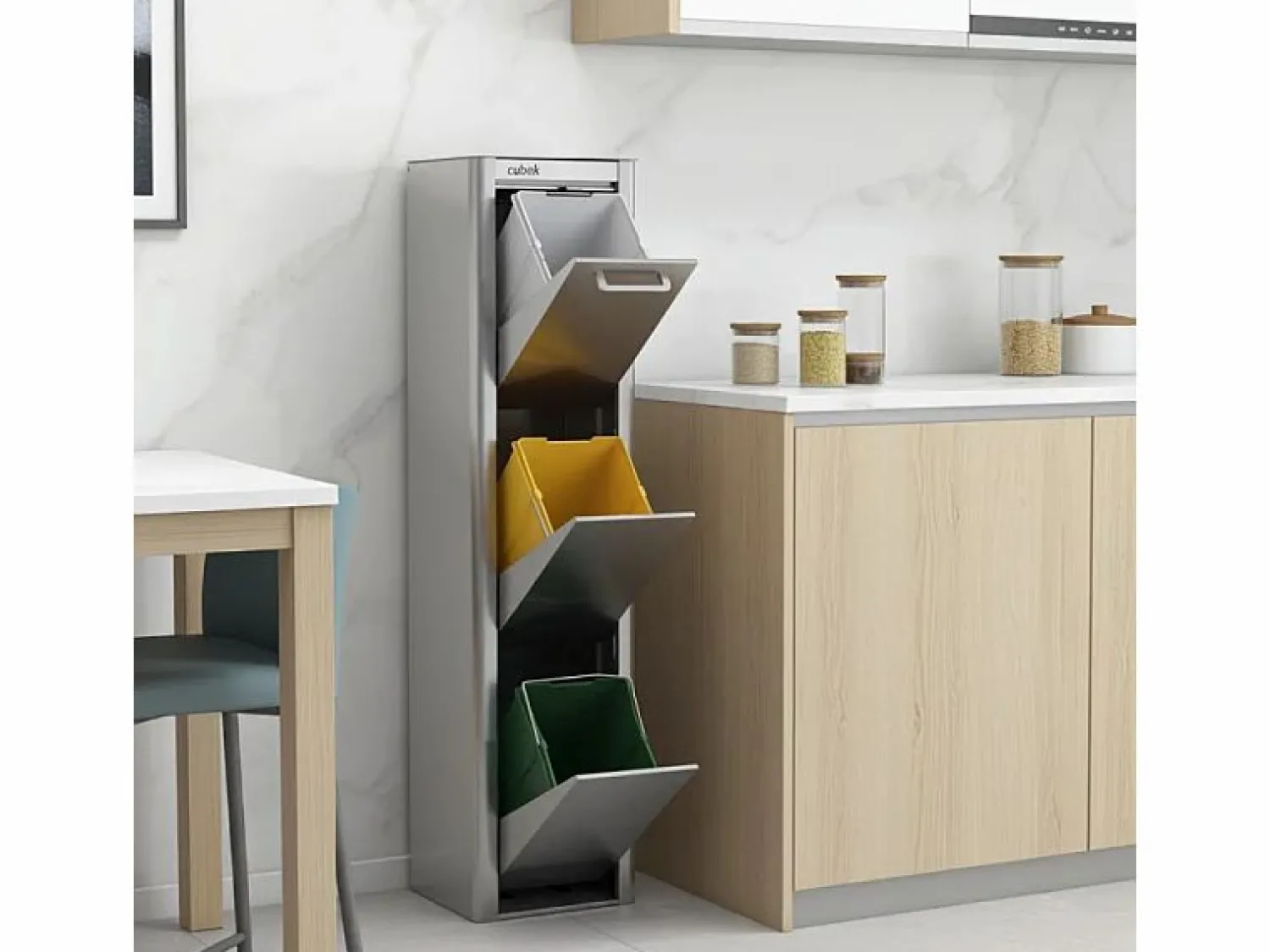 Don Hierro Cubo de basura para la cocina - Cubo de reciclaje - 3 compartimentos de 20L - acero Inoxidable - CUBEK
