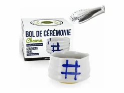 Cuenco ceremonial japones Chawan Blanco + pajita de acero inoxidable con filtro Multicolor
