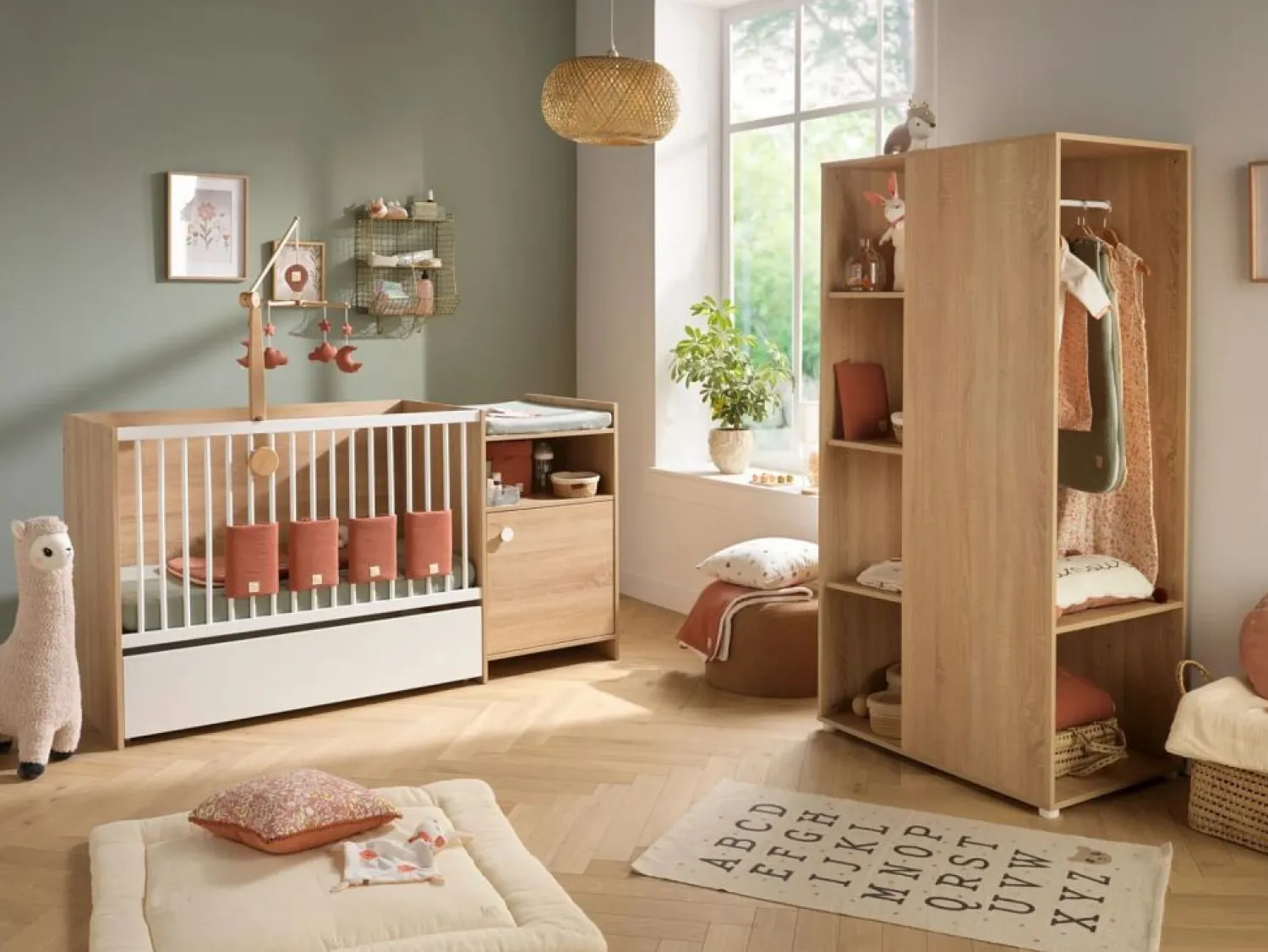 Cuna de madera de 120x60 convertible en 90x190 con cambiador de 1 puerta