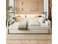 Online Hauss Spole Daybed 90x200 cm con cama nido 90x190 cm - LED y USB - Cierre de botones - Tejido de lino Beige