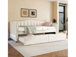 ModernLuxe Diván cama con LED 90x200cm + cama nido 90x190cm - tapizado en tela de lino - (colchón no incluido)