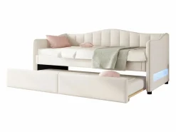 ModernLuxe Diván cama con LED 90x200cm + cama nido 90x190cm - tapizado en tela de lino - (colchón no incluido)