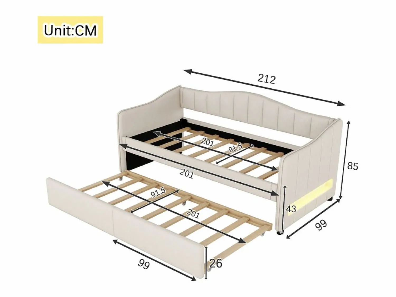 ModernLuxe Diván cama con LED 90x200cm + cama nido 90x190cm - tapizado en tela de lino - (colchón no incluido)