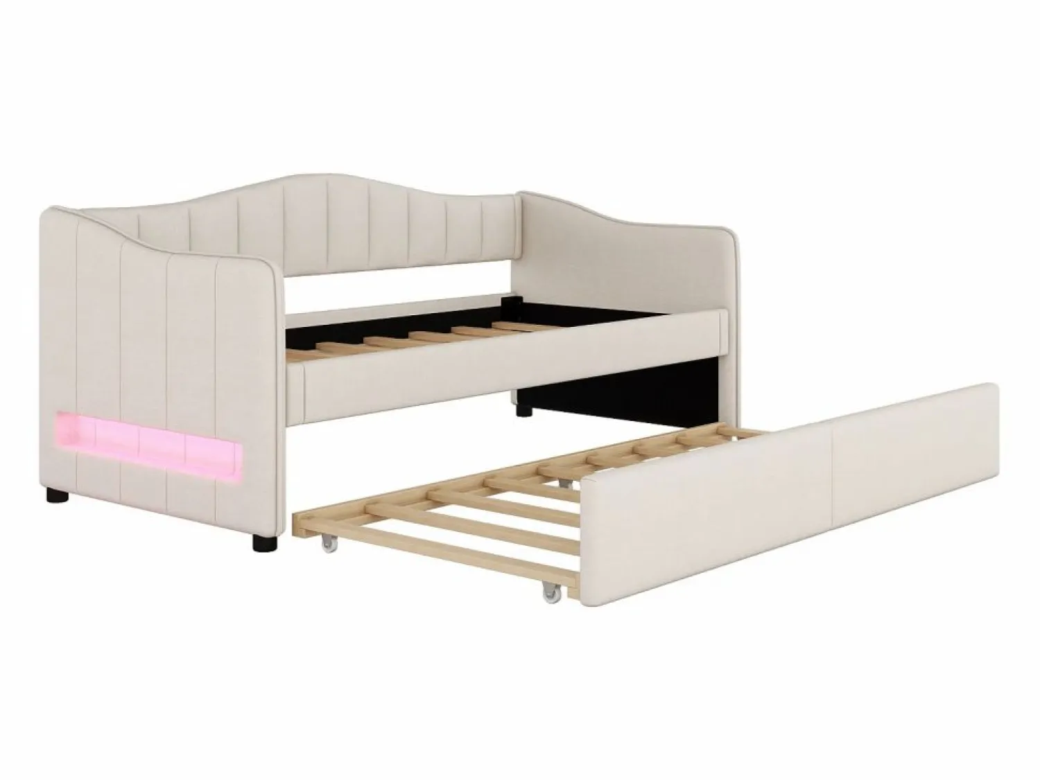 ModernLuxe Diván cama con LED 90x200cm + cama nido 90x190cm - tapizado en tela de lino - (colchón no incluido)
