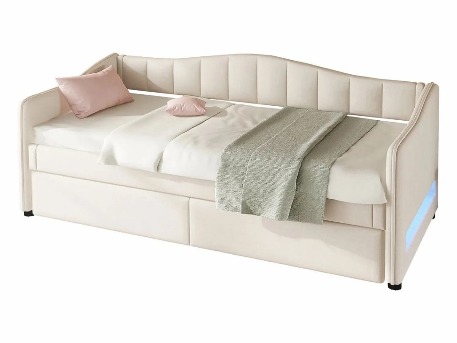 ModernLuxe Diván cama con LED 90x200cm + cama nido 90x190cm - tapizado en tela de lino - (colchón no incluido)