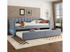 Sale ModernLuxe Diván cama con LED 90x200cm + cama nido 90x190cm - tapizado en tela de lino - (colchón no incluido) Gris