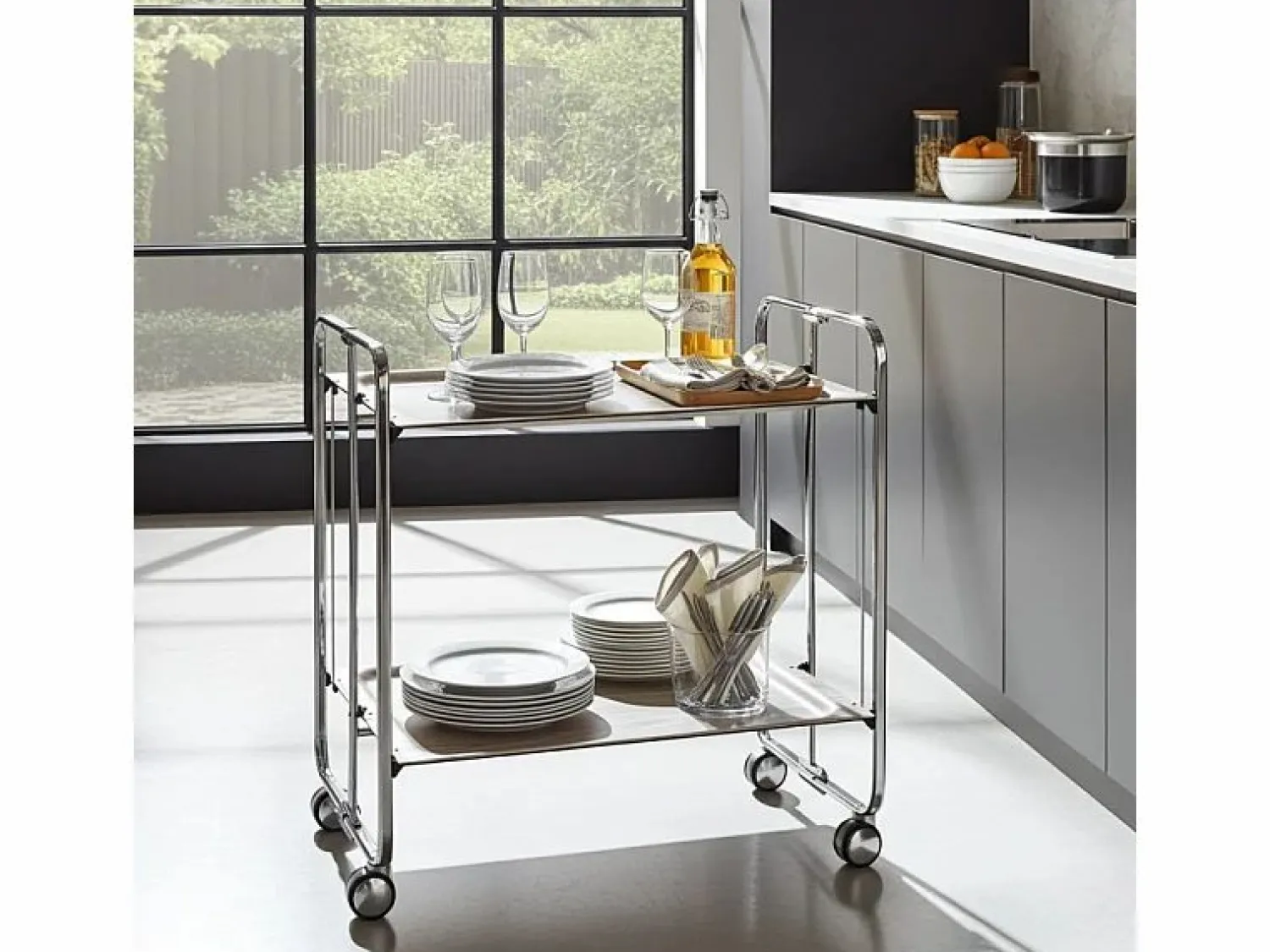 Clearance Don Hierro - Carrito auxiliar plegable BAUHAUS cromado con ruedas – 2 niveles y 4 posiciones-Fresno Marru00f3n
