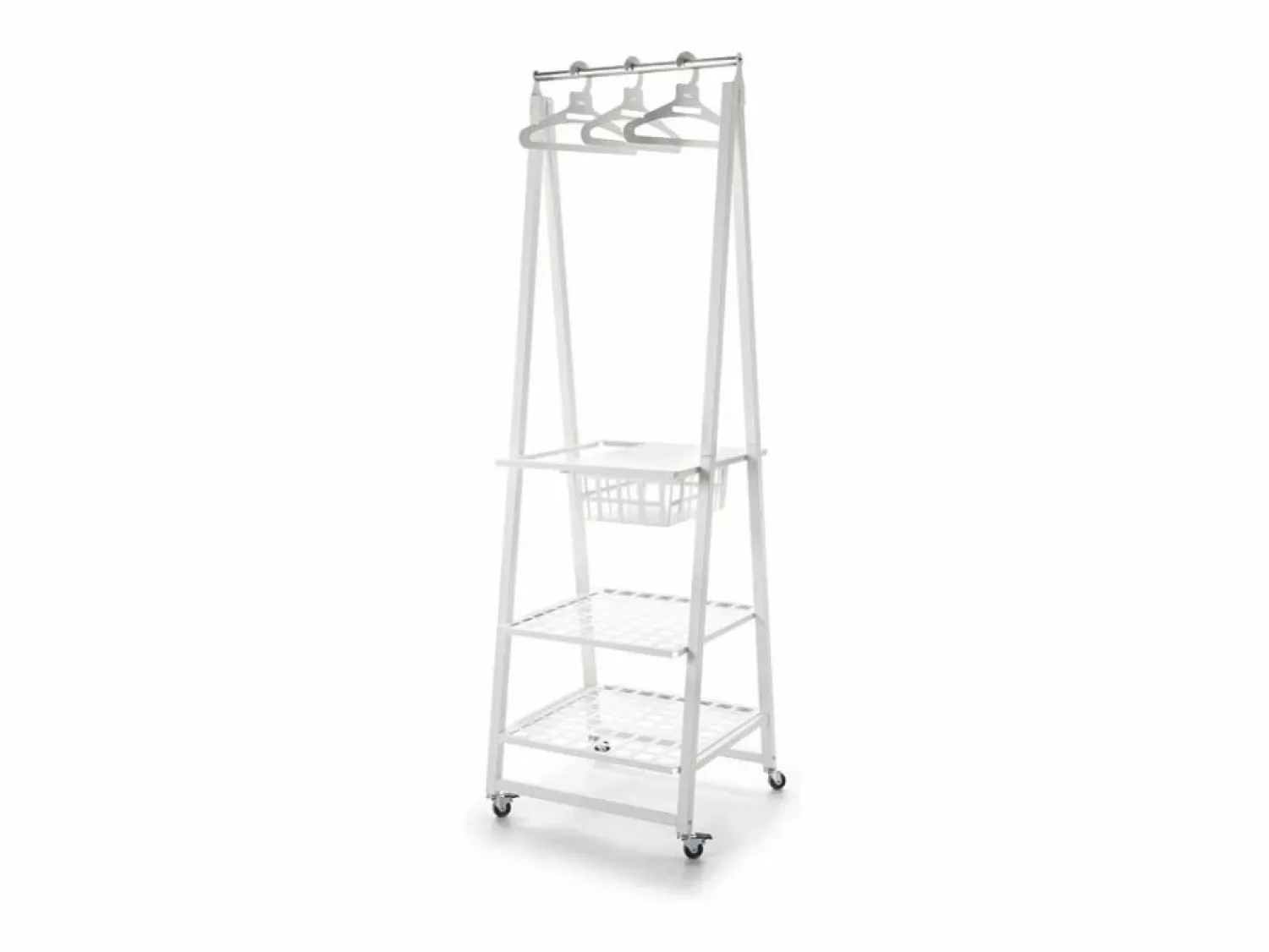 Hot Don Hierro - Perchero Metálico con Ruedas URBAN - 3 Estanterías Amplias y Cesta para Accesorios- Blanco