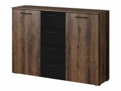 Meublorama Dormitorio EOS: Armario, cama de 160x200, cómoda, mesitas de noche. Color roble oscuro y negro.
