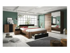 Meublorama Dormitorio EOS: Armario, cama de 160x200, cómoda, mesitas de noche. Color roble oscuro y negro.