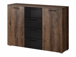 Meublorama Dormitorio FLOYD: Armario 220cm, Cama 160x200, cómoda, mesitas de noche. Color roble oscuro y negro brillante.