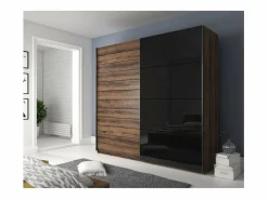 Meublorama Dormitorio FLOYD: Armario 220cm, Cama 160x200, cómoda, mesitas de noche. Color roble oscuro y negro brillante.