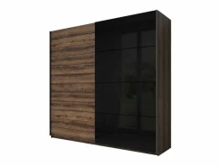 Meublorama Dormitorio FLOYD: Armario de 200 cm, Cama de 180x200, cómoda, mesitas de noche. Color roble oscuro y negro brillante.