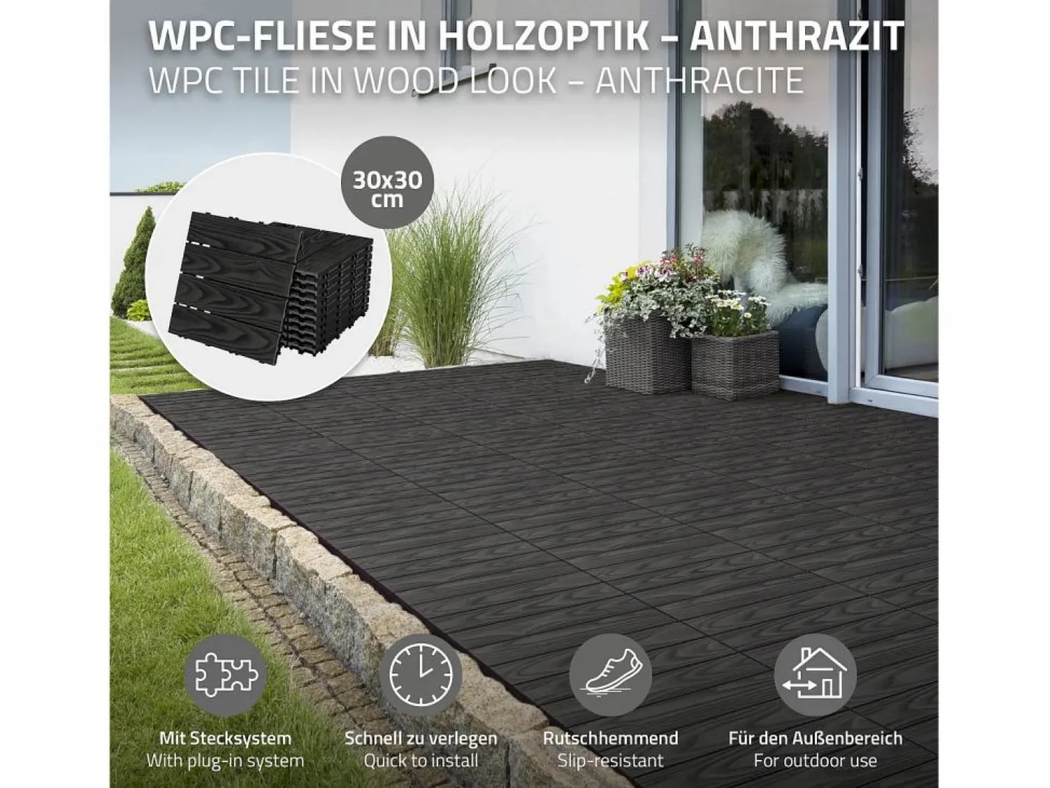 Best ECD Germany Baldosas para exterior de WPC antracita 30x30cm efecto madera 33 piezas para 3m² con sistema clic, losas para terraza, balcón o patio Terraza