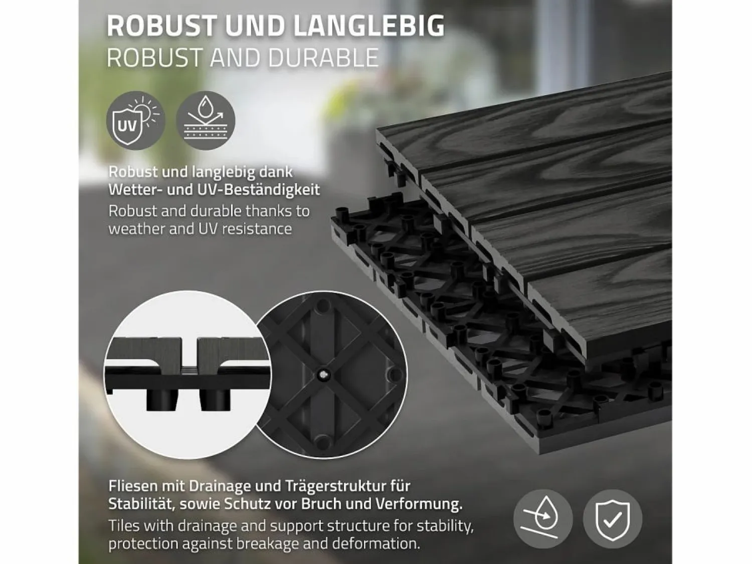 Best ECD Germany Baldosas para exterior de WPC antracita 30x30cm efecto madera 33 piezas para 3m² con sistema clic, losas para terraza, balcón o patio Terraza