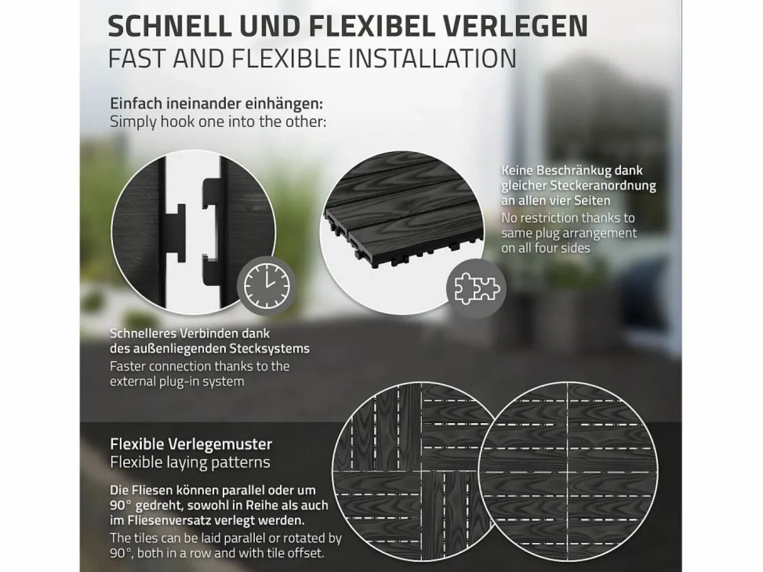 Best ECD Germany Baldosas para exterior de WPC antracita 30x30cm efecto madera 33 piezas para 3m² con sistema clic, losas para terraza, balcón o patio Terraza