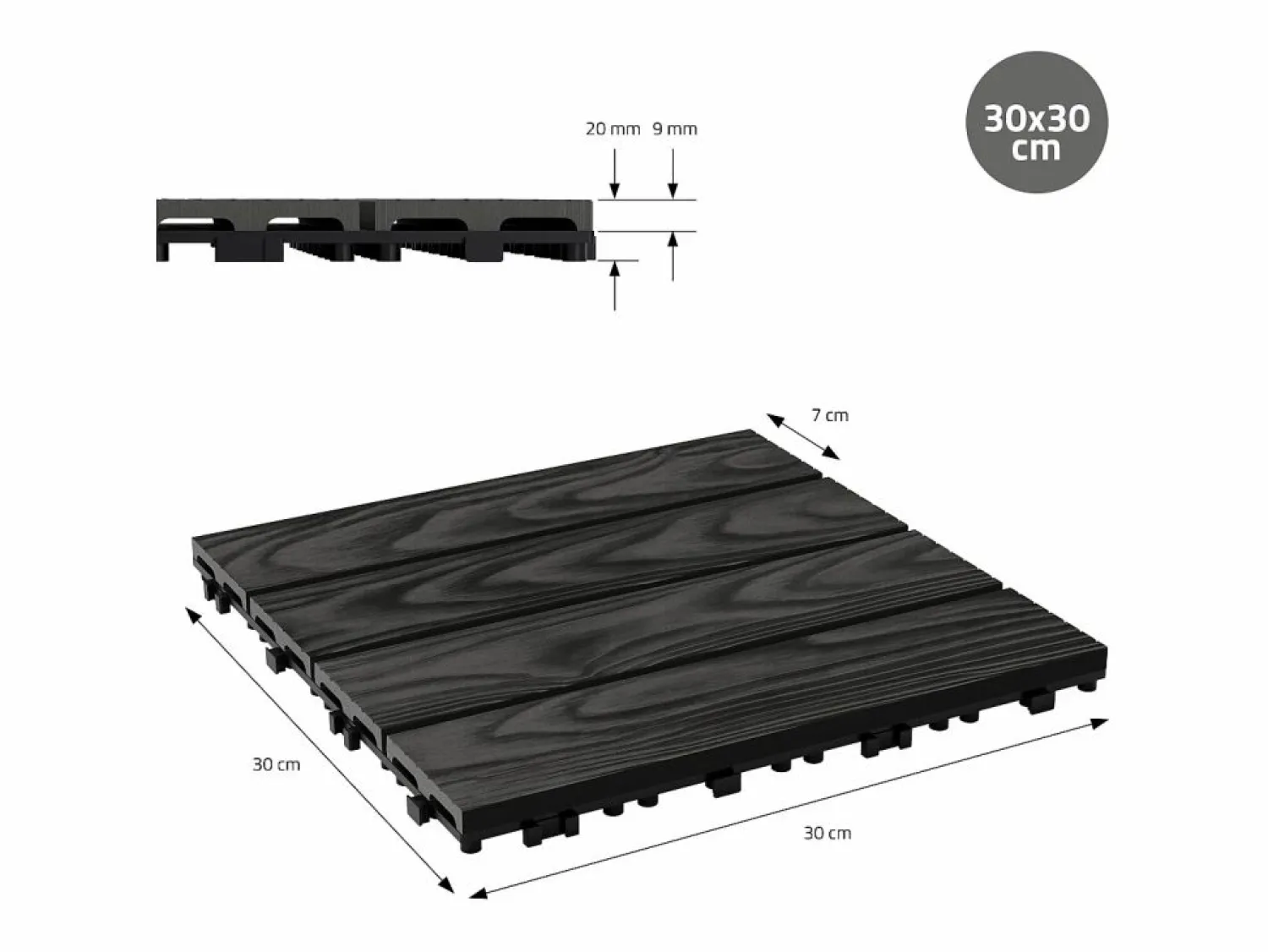 Best ECD Germany Baldosas para exterior de WPC antracita 30x30cm efecto madera 33 piezas para 3m² con sistema clic, losas para terraza, balcón o patio Terraza