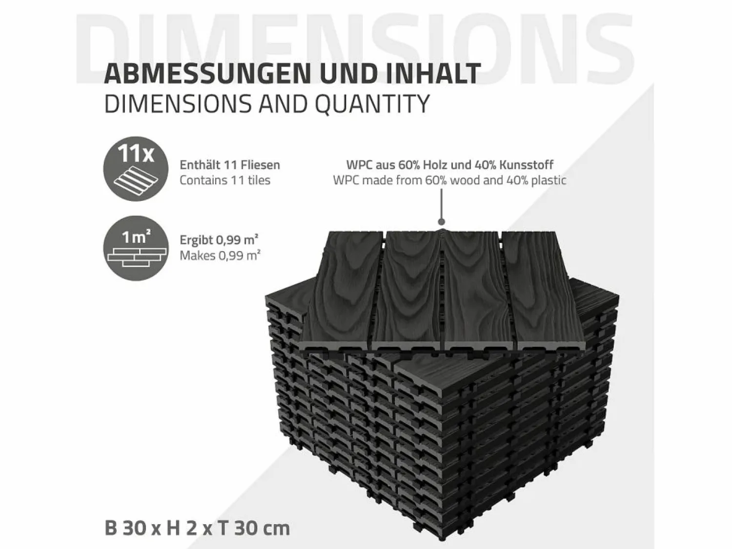 Discount ECD Germany Baldosas para exterior de WPC antracita 30x30cm efecto madera 22 piezas para 2m² con sistema clic, losas para terraza, balcón o patio Terraza