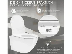 LuxeBath ECD Germany Inodoro suspendido sin borde de cerámica , revestimiento Nano, inodoro suspendido de pared de 52 cm de largo, con asiento Softclose