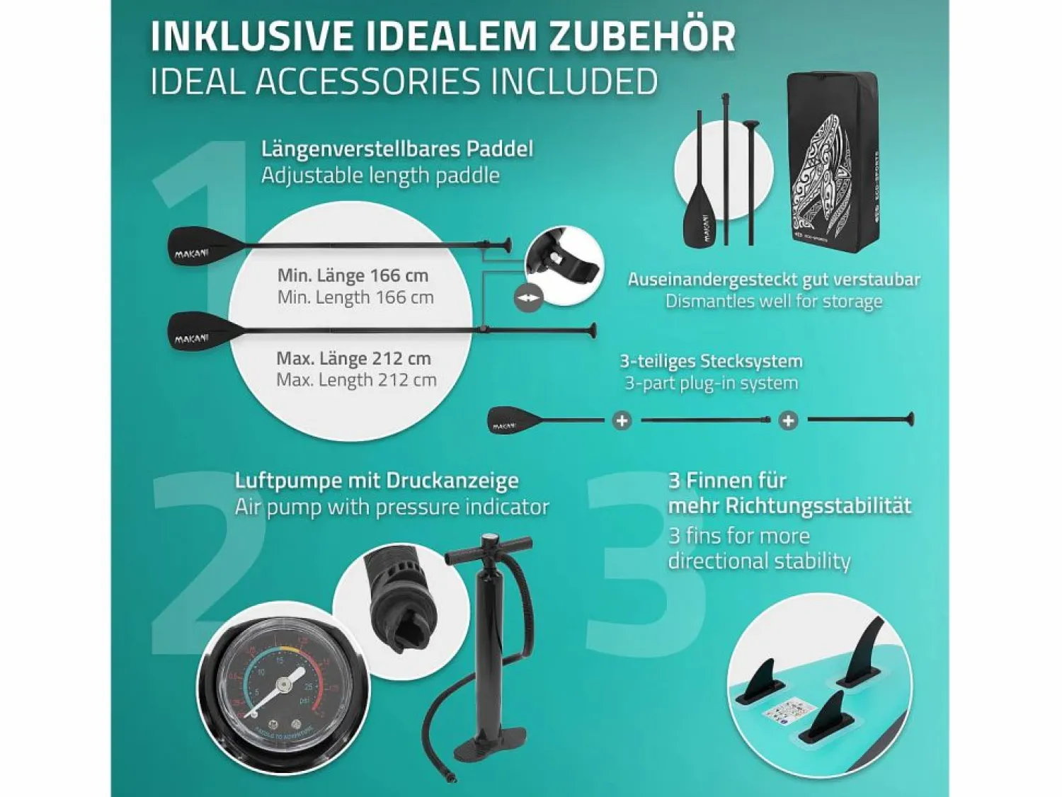 ECD Germany Tabla hinchable de paddle surf SUP Makani 320 x 80 x 15 cm de PVC turquesa hasta 120kg con bomba de aire, bolsa de transporte y accesorios