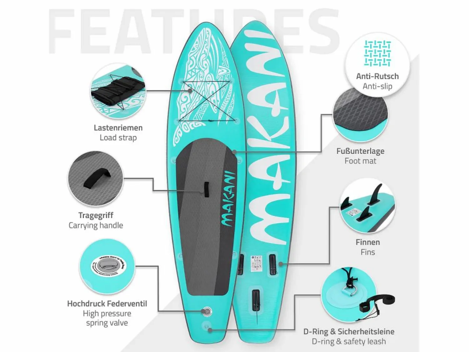 ECD Germany Tabla hinchable de paddle surf SUP Makani 320 x 80 x 15 cm de PVC turquesa hasta 120kg con bomba de aire, bolsa de transporte y accesorios