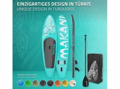 ECD Germany Tabla hinchable de paddle surf SUP Makani 320 x 80 x 15 cm de PVC turquesa hasta 120kg con bomba de aire, bolsa de transporte y accesorios