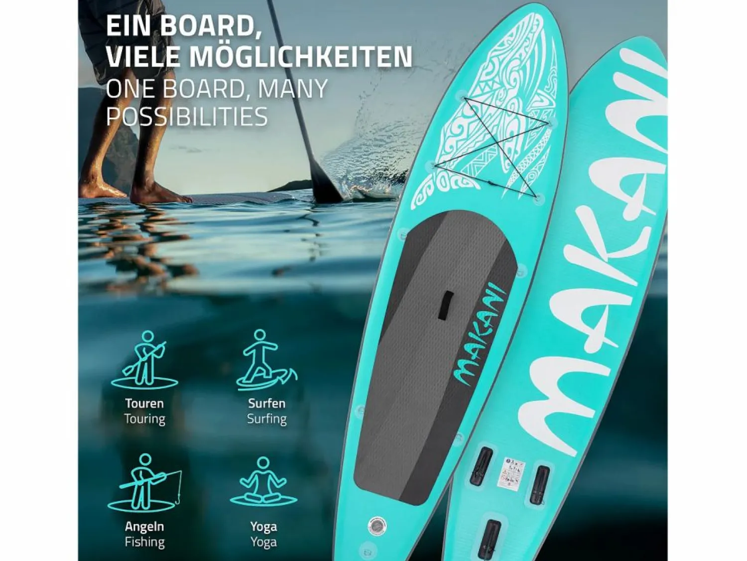 ECD Germany Tabla hinchable de paddle surf SUP Makani 320 x 80 x 15 cm de PVC turquesa hasta 120kg con bomba de aire, bolsa de transporte y accesorios
