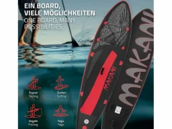 ECD Germany Tabla hinchable de paddle surf SUP Makani 320 x 80 x 15 cm de PVC -rojo hasta 120kg, bomba de aire, bolsa de transporte y accesorios Negro
