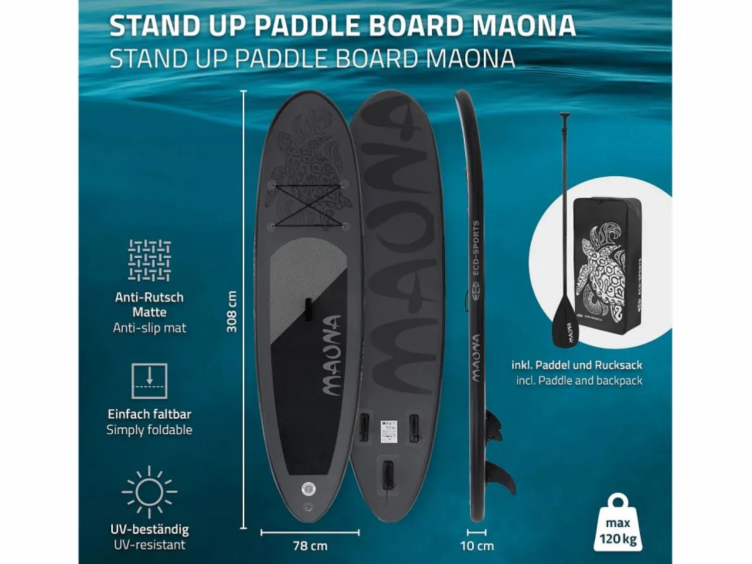 New ECD Germany Tabla hinchable de paddle surf SUP Maona 308 x 78 x 10 cm de PVC hasta 120kg con bomba de aire, bolsa de transporte y accesorios Negro
