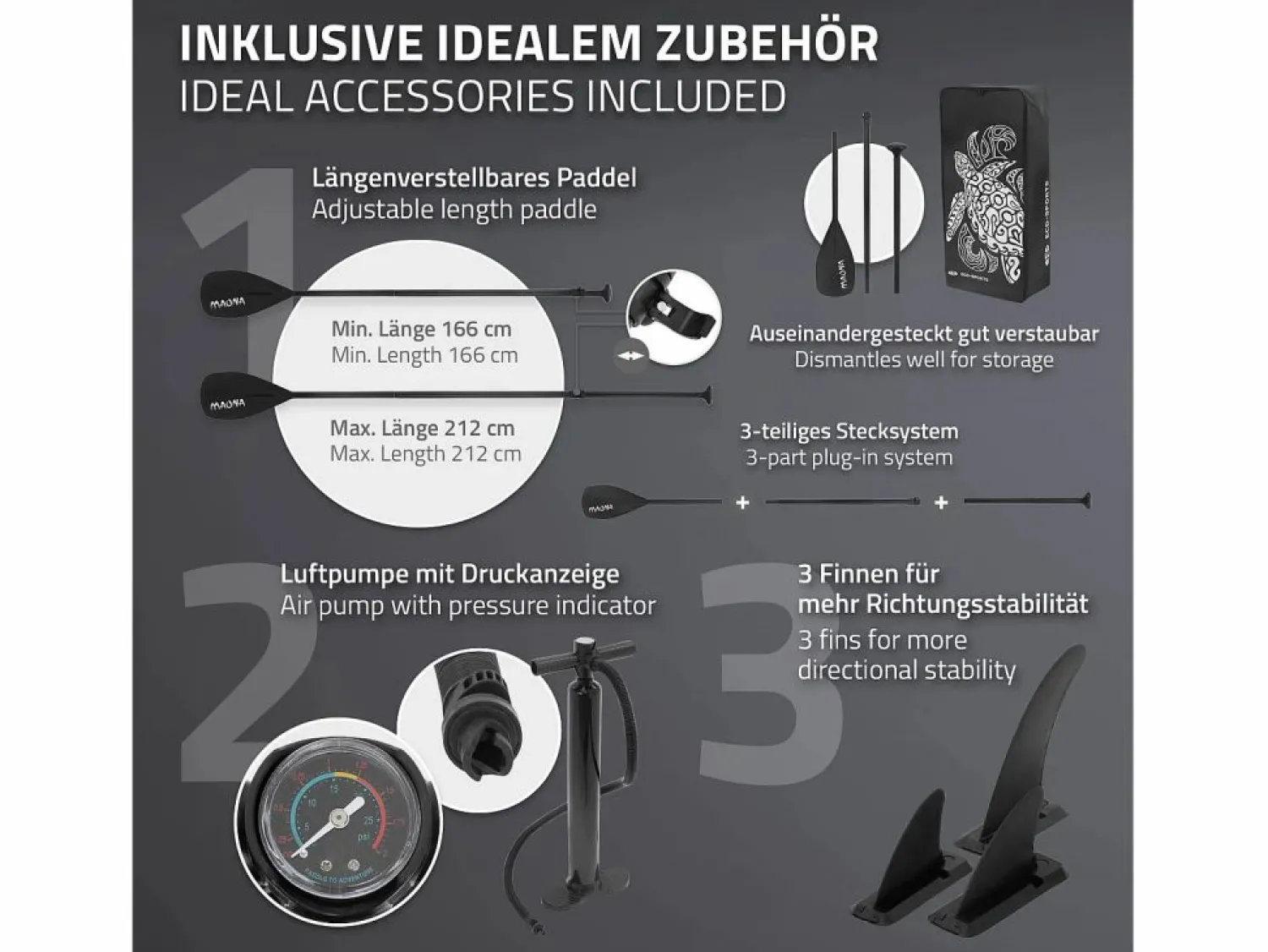 New ECD Germany Tabla hinchable de paddle surf SUP Maona 308 x 78 x 10 cm de PVC hasta 120kg con bomba de aire, bolsa de transporte y accesorios Negro