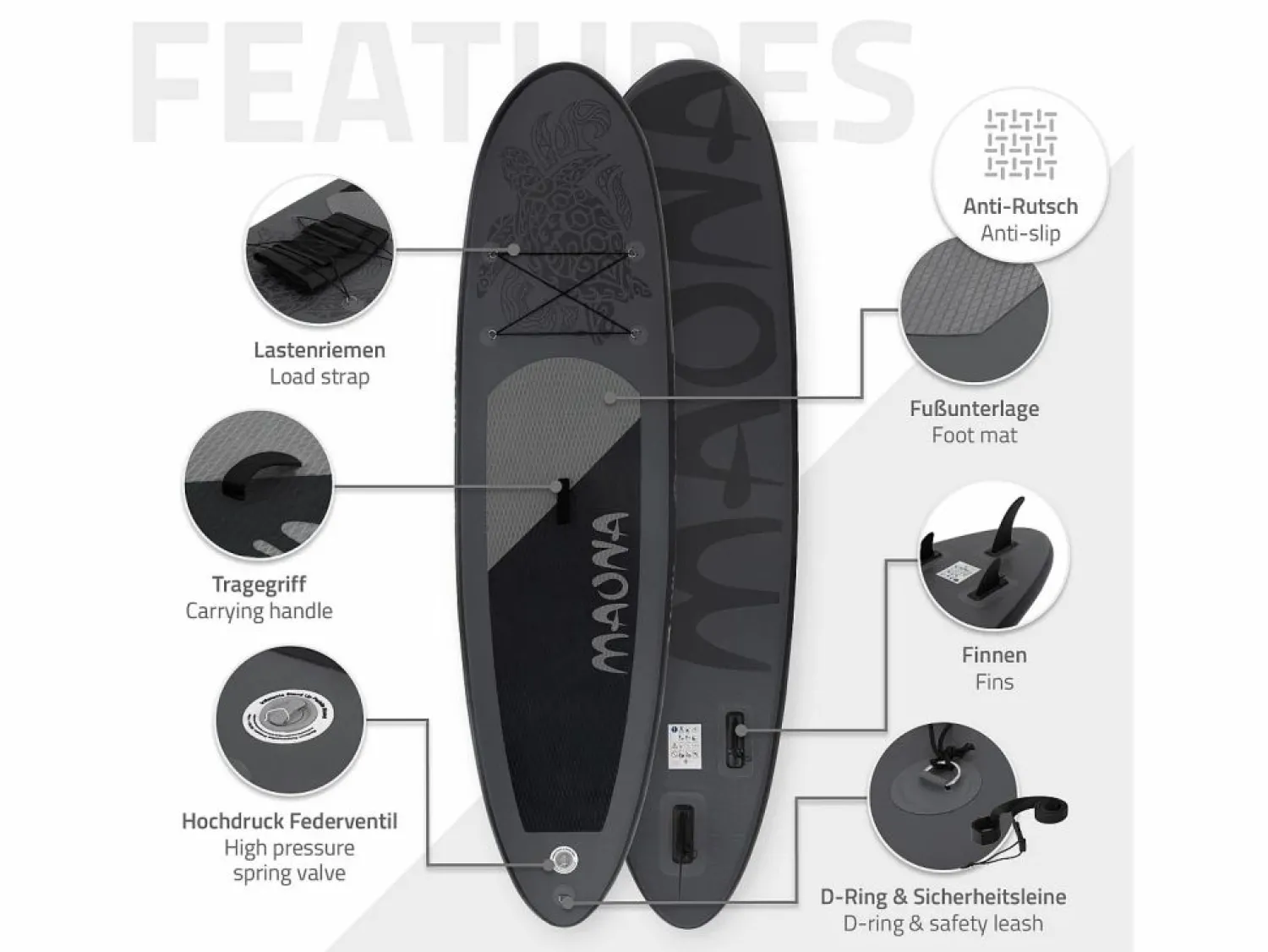 New ECD Germany Tabla hinchable de paddle surf SUP Maona 308 x 78 x 10 cm de PVC hasta 120kg con bomba de aire, bolsa de transporte y accesorios Negro