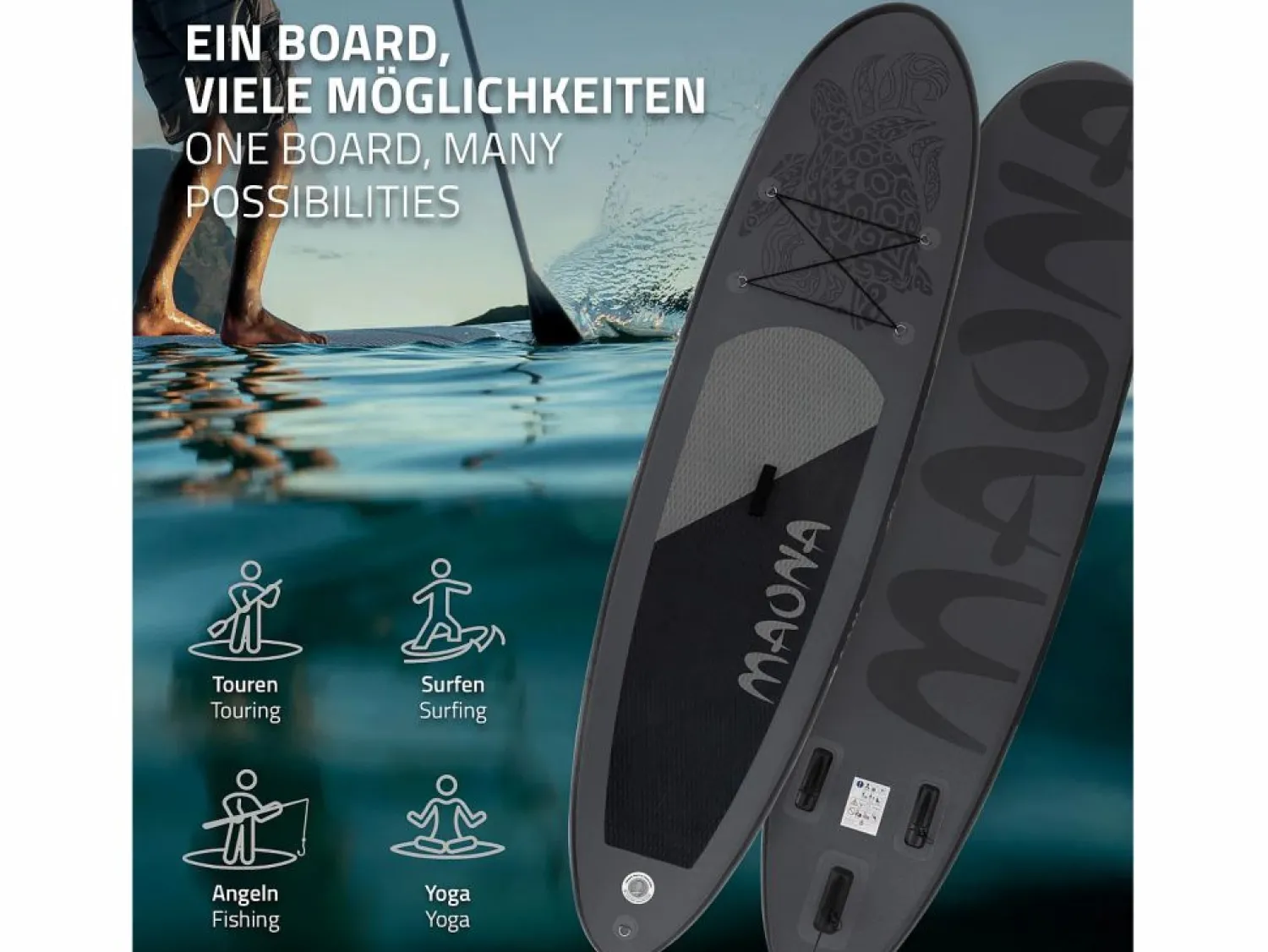 New ECD Germany Tabla hinchable de paddle surf SUP Maona 308 x 78 x 10 cm de PVC hasta 120kg con bomba de aire, bolsa de transporte y accesorios Negro