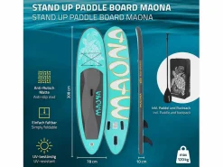 ECD Germany Tabla hinchable de paddle surf SUP Maona 308 x 78 x 10 cm de PVC turquesa hasta 120kg con bomba de aire, bolsa de transporte y accesorios