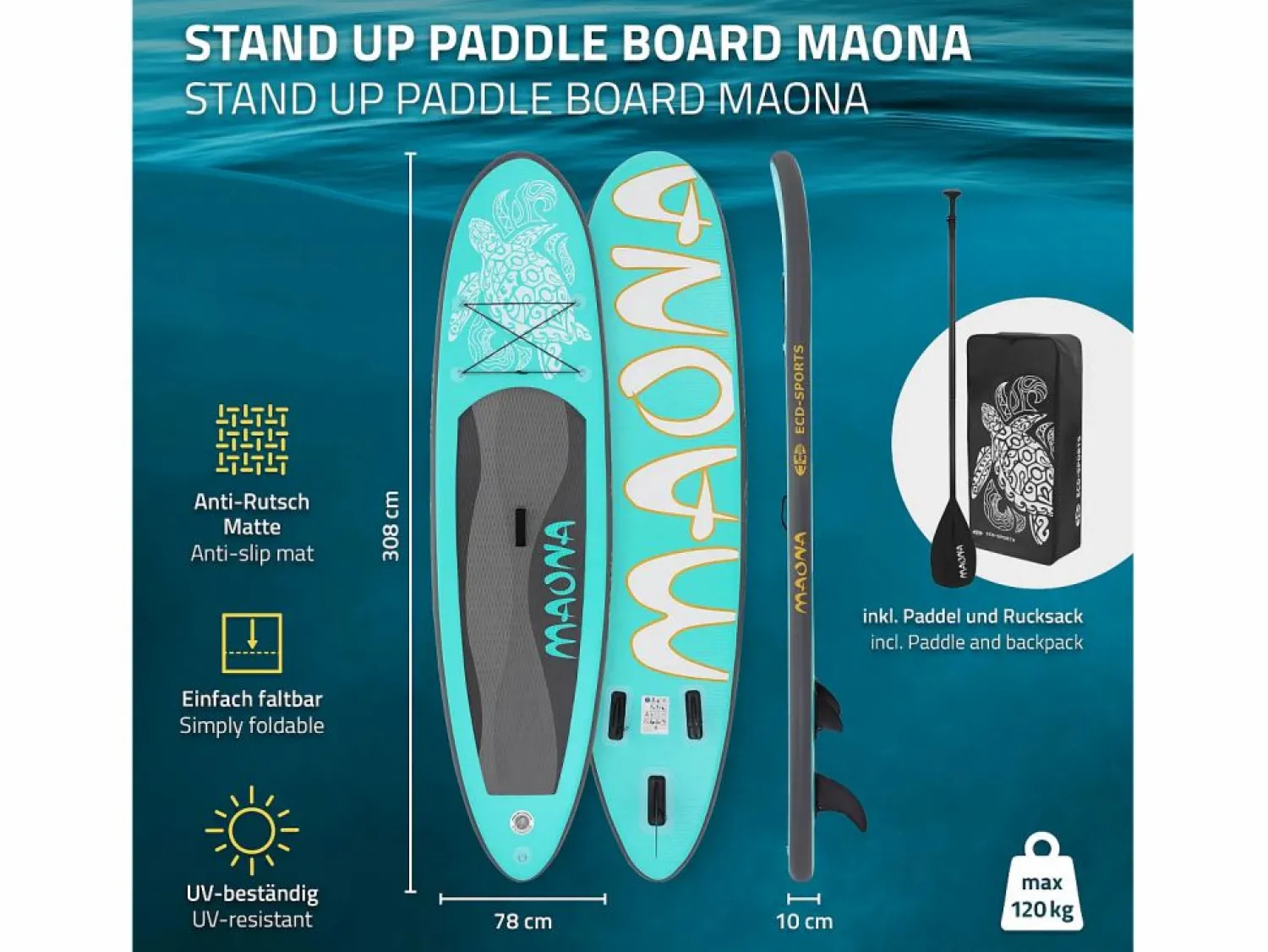 ECD Germany Tabla hinchable de paddle surf SUP Maona 308 x 78 x 10 cm de PVC turquesa hasta 120kg con bomba de aire, bolsa de transporte y accesorios