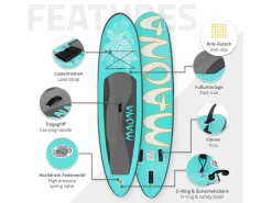 ECD Germany Tabla hinchable de paddle surf SUP Maona 308 x 78 x 10 cm de PVC turquesa hasta 120kg con bomba de aire, bolsa de transporte y accesorios