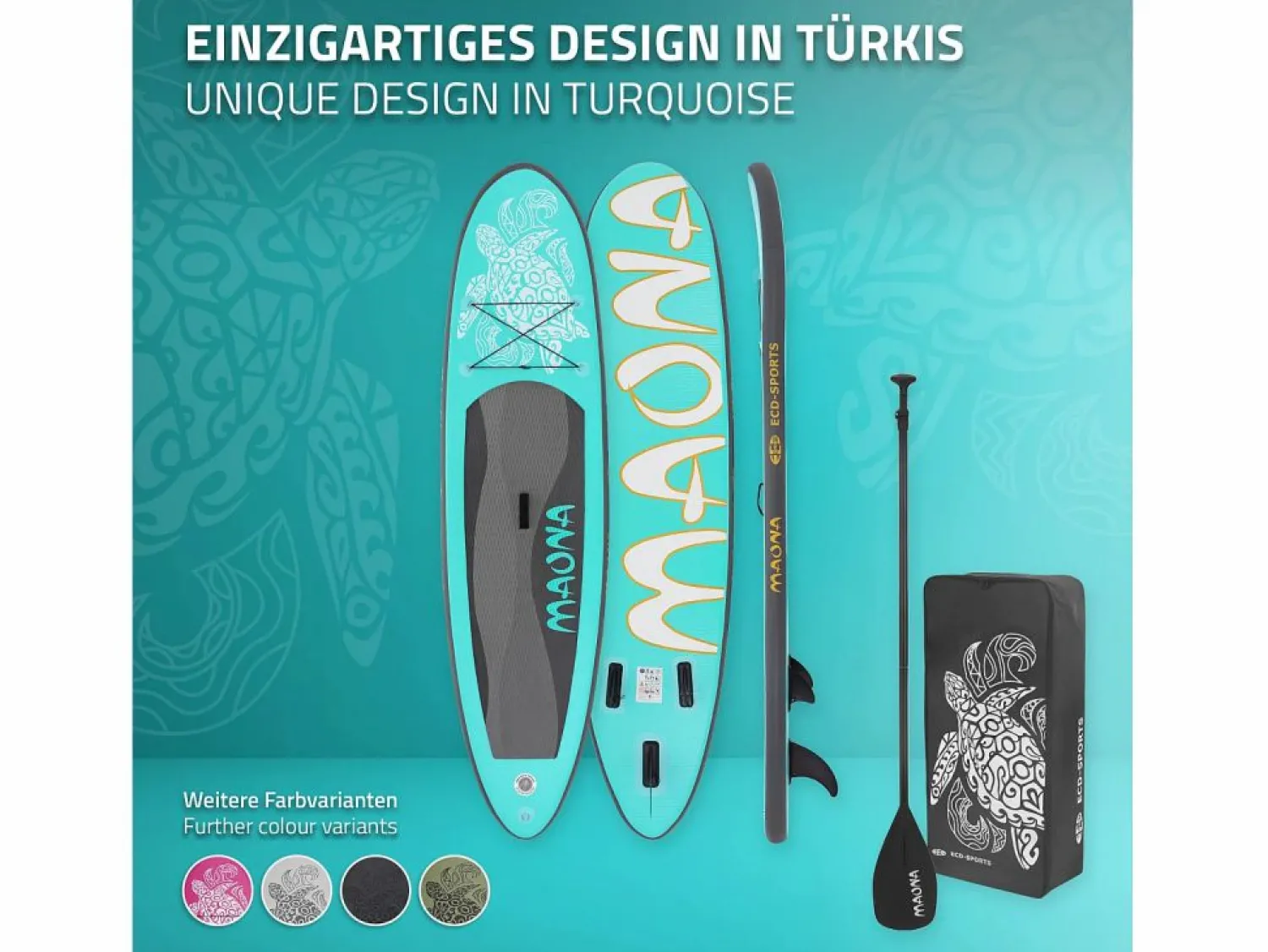 ECD Germany Tabla hinchable de paddle surf SUP Maona 308 x 78 x 10 cm de PVC turquesa hasta 120kg con bomba de aire, bolsa de transporte y accesorios