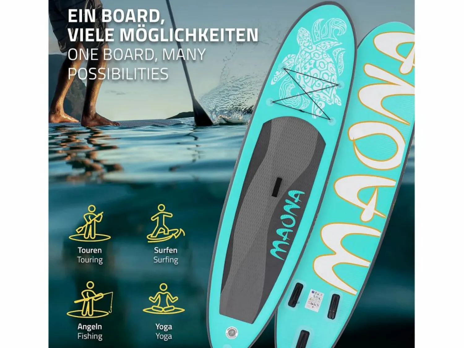 ECD Germany Tabla hinchable de paddle surf SUP Maona 308 x 78 x 10 cm de PVC turquesa hasta 120kg con bomba de aire, bolsa de transporte y accesorios