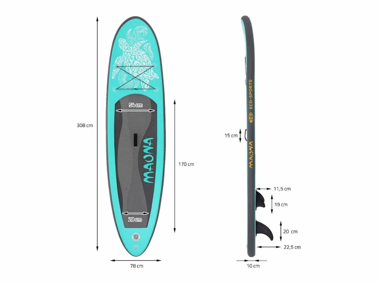 ECD Germany Tabla hinchable de paddle surf SUP Maona 308 x 78 x 10 cm de PVC turquesa hasta 120kg con bomba de aire, bolsa de transporte y accesorios