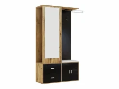 New KOMHTOM Elegante conjunto de armario en y madera en bruto con espejo, mueble zapatero, banco zapatero con ganchos y perchas correderas Negro