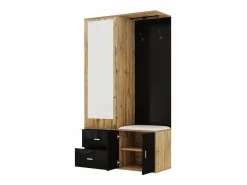 New KOMHTOM Elegante conjunto de armario en y madera en bruto con espejo, mueble zapatero, banco zapatero con ganchos y perchas correderas Negro