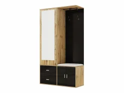 New KOMHTOM Elegante conjunto de armario en y madera en bruto con espejo, mueble zapatero, banco zapatero con ganchos y perchas correderas Negro