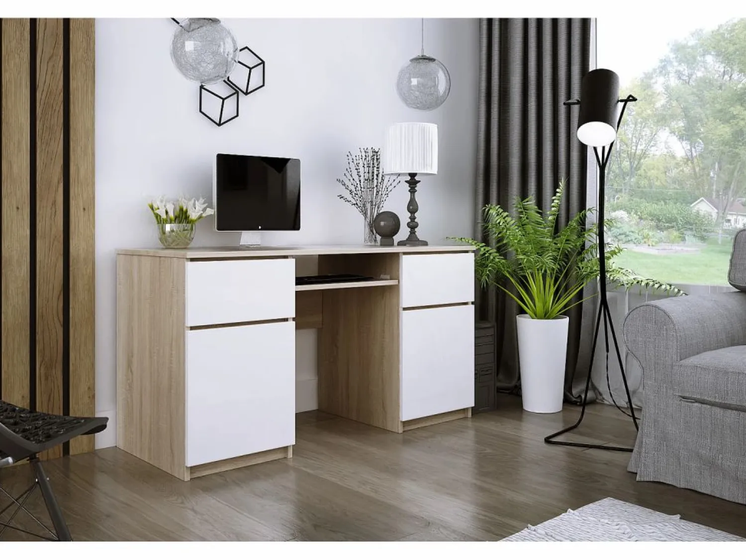 Best Escritorio 2 cajones, 2 puertas, 5 estantes, sonoma/Blanco, 135 x 77 x 50 cm Marru00f3n