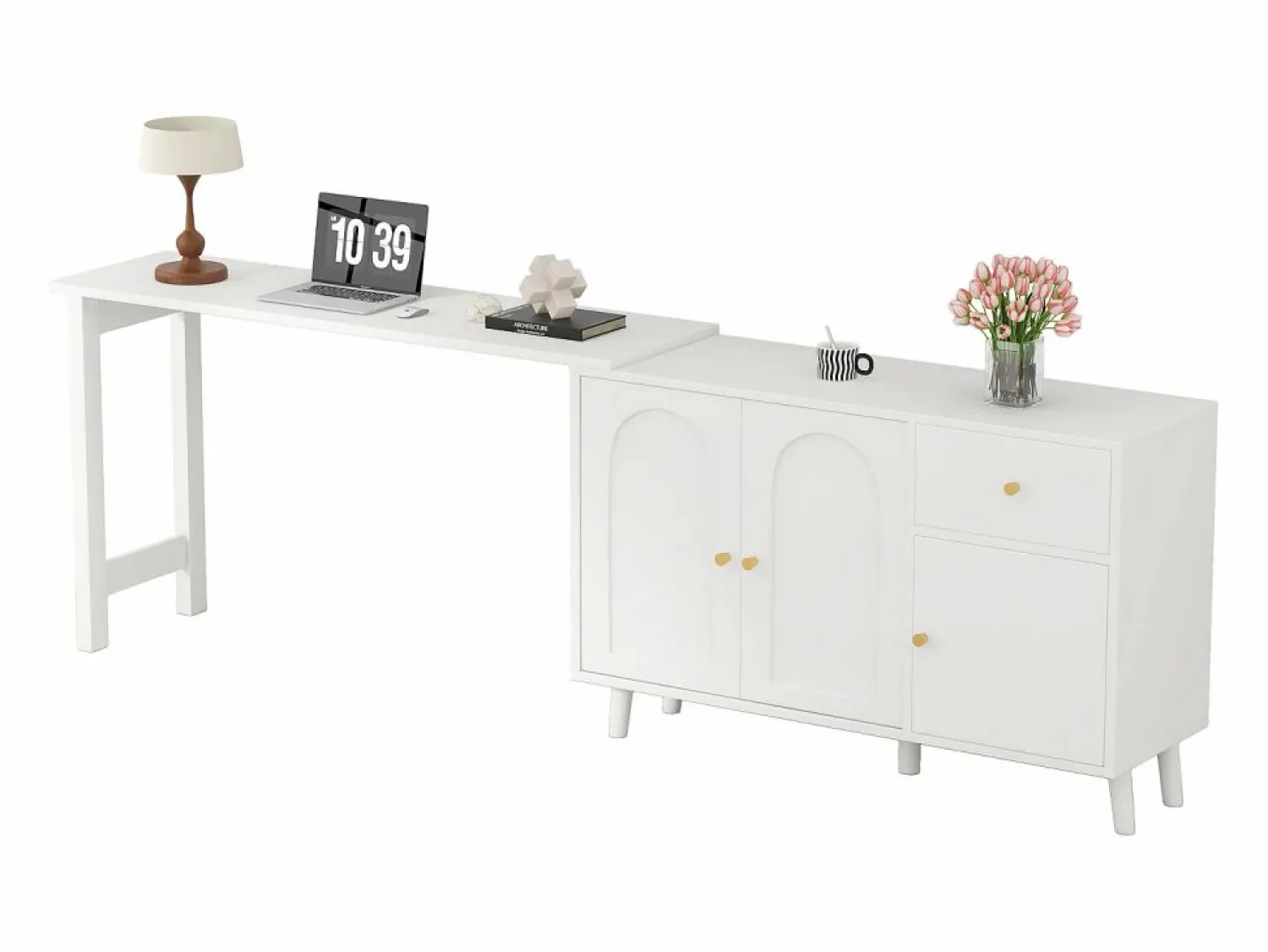 Clearance Escritorio 2 en 1 120×40×74,5 cm - Giratorio 360° - 3 puertas y 1 cajón - Certificado FSC - Escritorio Rinconero|Escritorio Tradicional