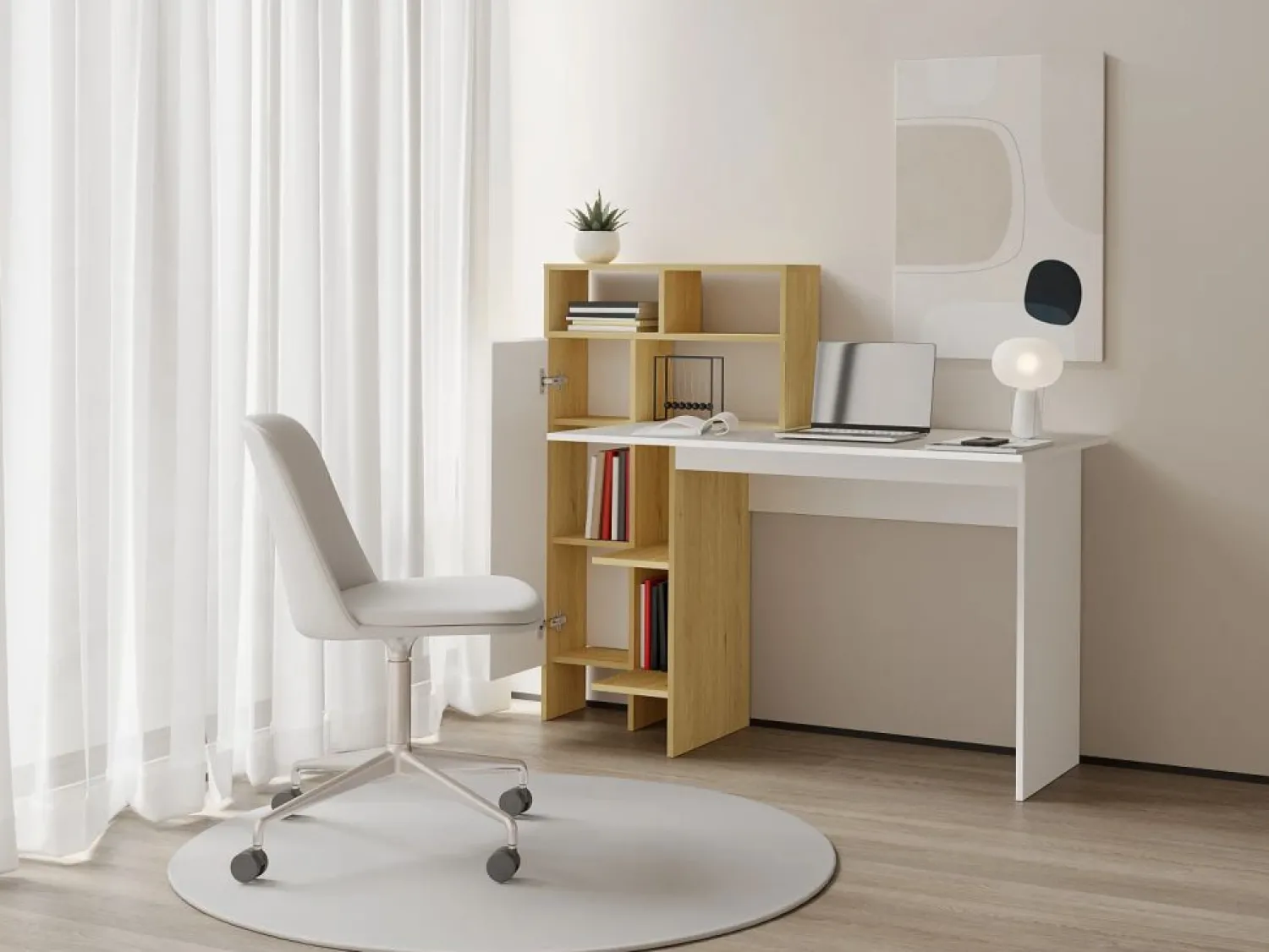 Vente-unique Escritorio con 1 armario y 4 estantes blanco y natural - MONTOLANIA